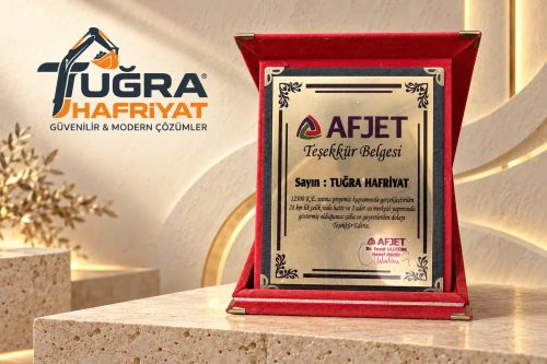 AFJET’in isale hattı projesindeki çalışmalarımız için firmamıza verdiği teşekkür plaketinin, Tuğra Hafriyat logomuzla hazırlanan özel sunumu.