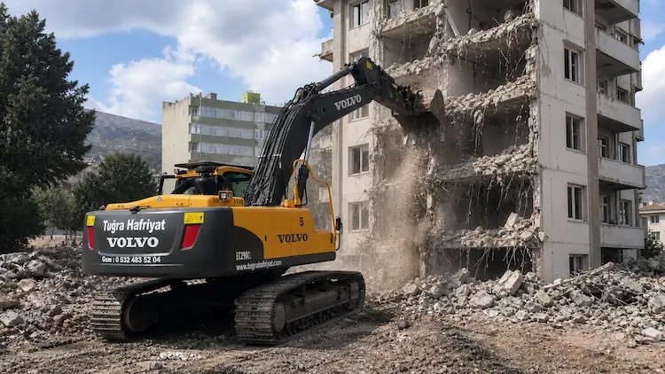 Afyonkarahisar Volvo ekskavatör ile bina yıkım ve moloz kaldırma çalışması